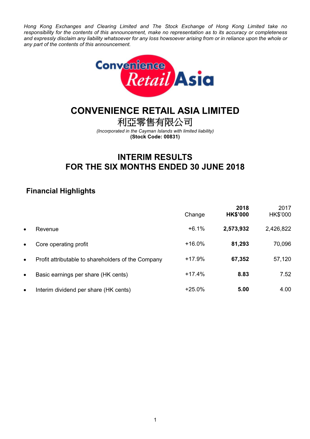 Interim Results for the Six Months Ended 30 June 2018