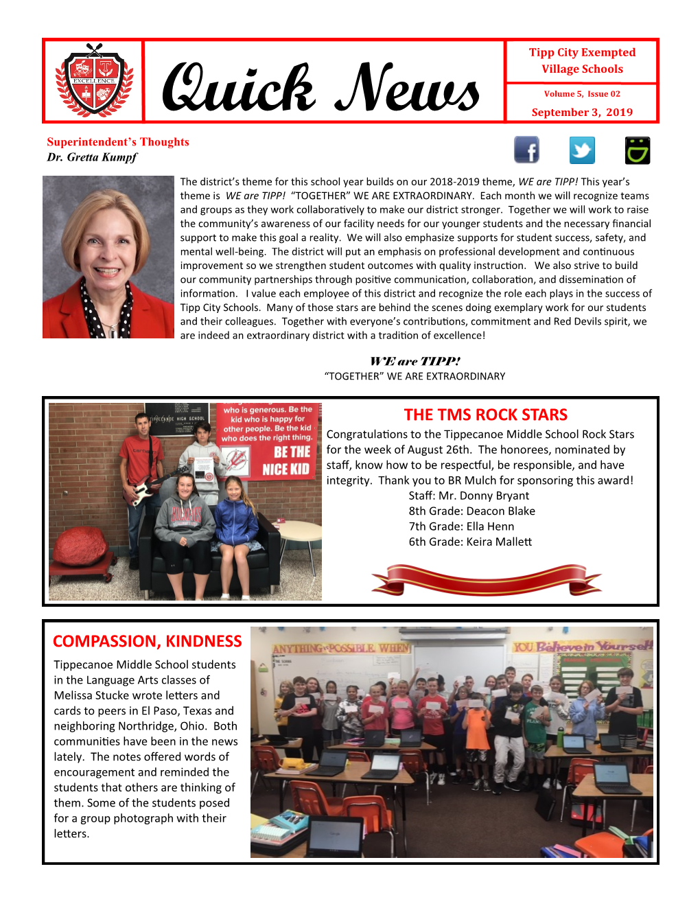 Quick News September 3, 2019 Superintendent’S Thoughts Dr