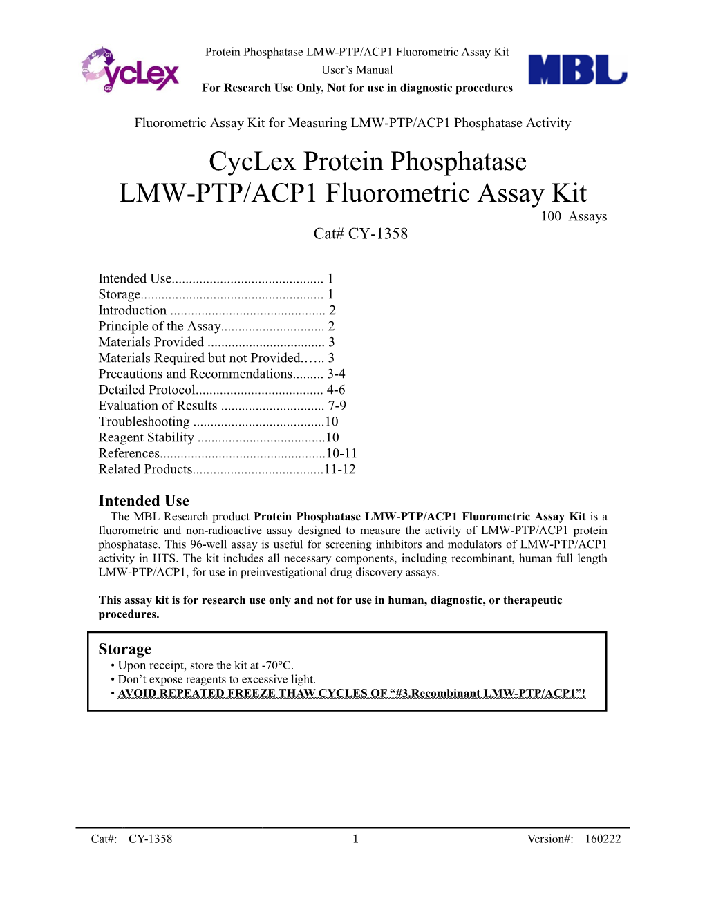 Cyclex Protein Phosphatase LMW-PTP/ACP1 Fluorometric Assay Kit 100 Assays Cat# CY-1358