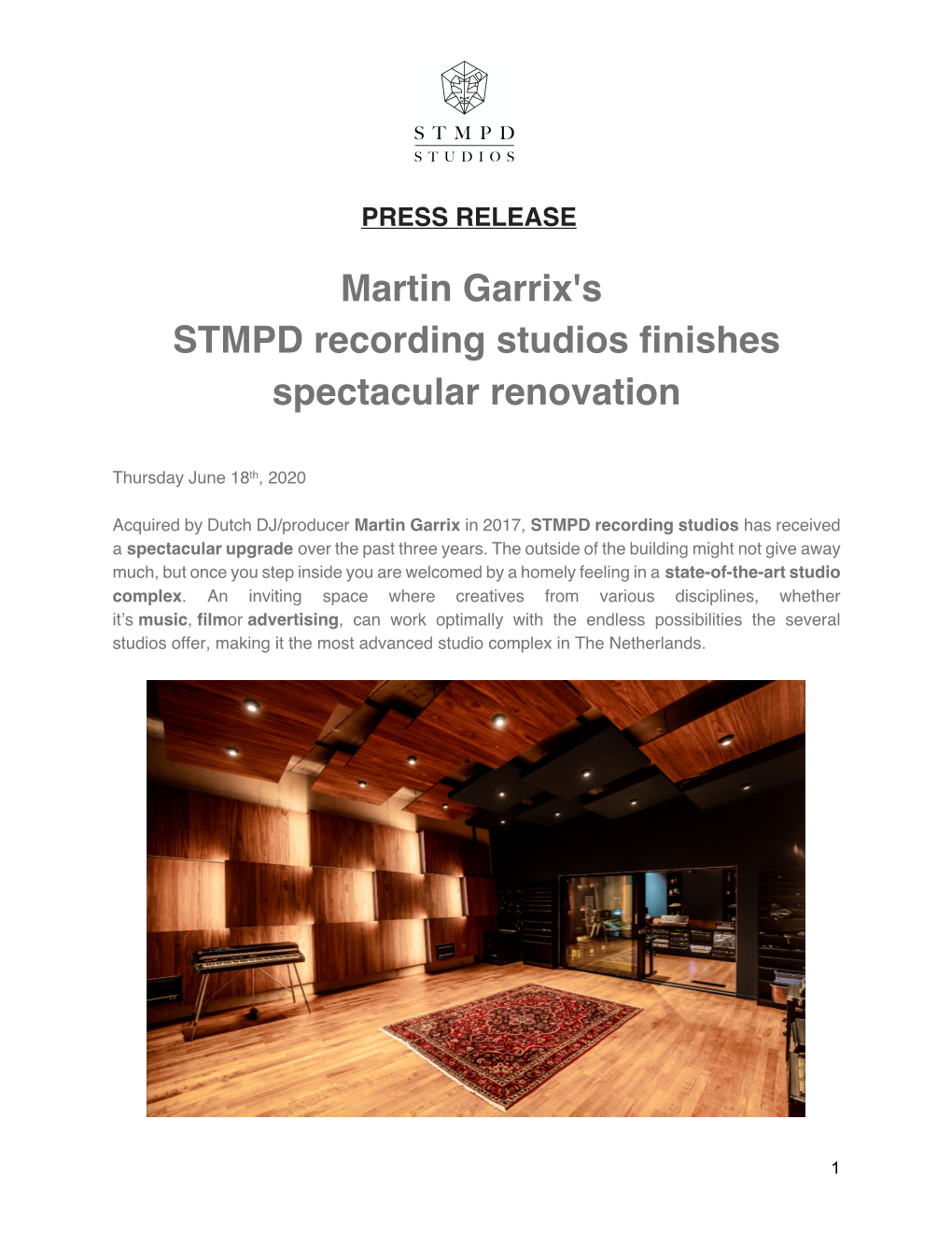 PRESS RELEASE Martin Garrix's STMPD Recording Studios Finishes