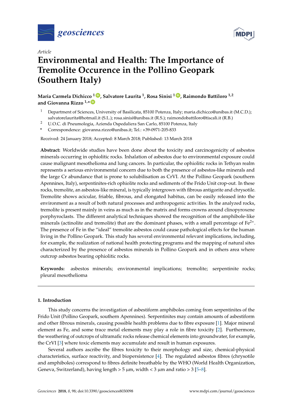 The Importance of Tremolite Occurence in the Pollino Geopark (Southern Italy)