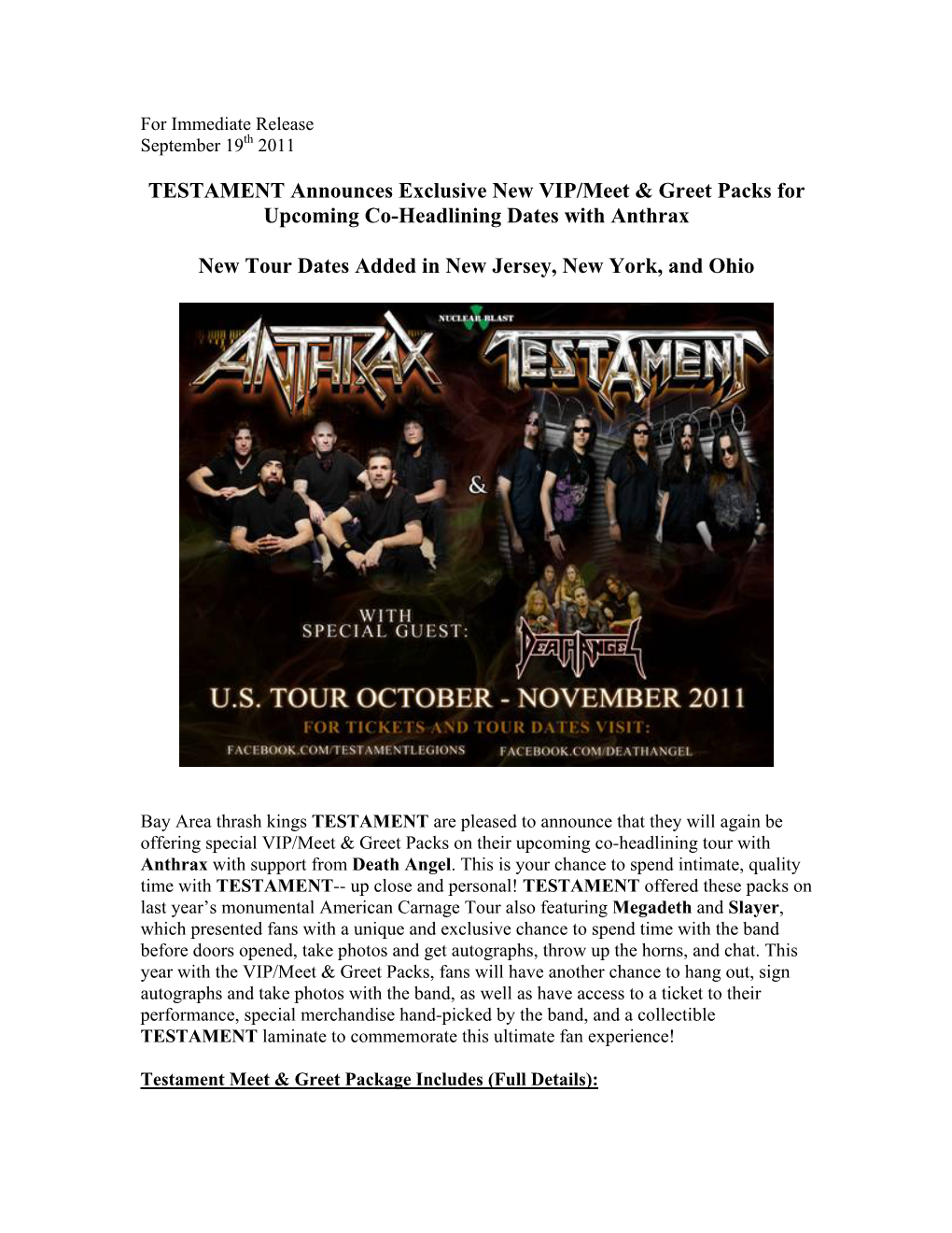 TESTAMENT Announces Exclusive New VIP/Meet & Greet Packs for Upcoming Co-Headlining Dates with Anthrax