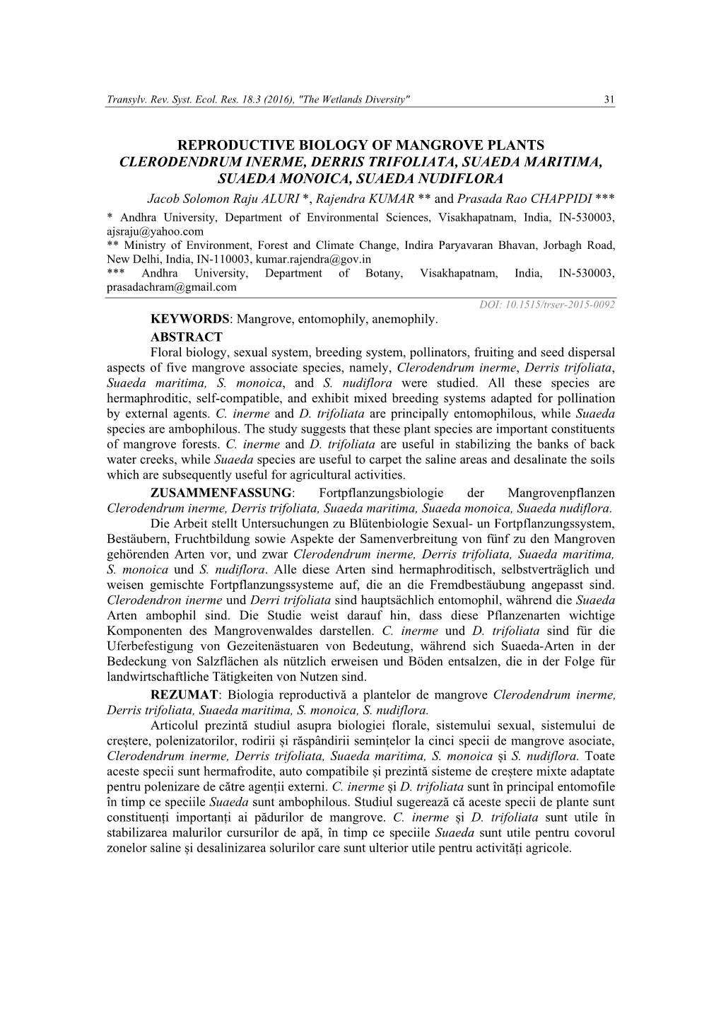 Reproductive Biology of Mangrove Plants Clerodendrum Inerme, Derris Trifoliata, Suaeda Maritima, Suaeda Monoica, Suaeda Nudiflora