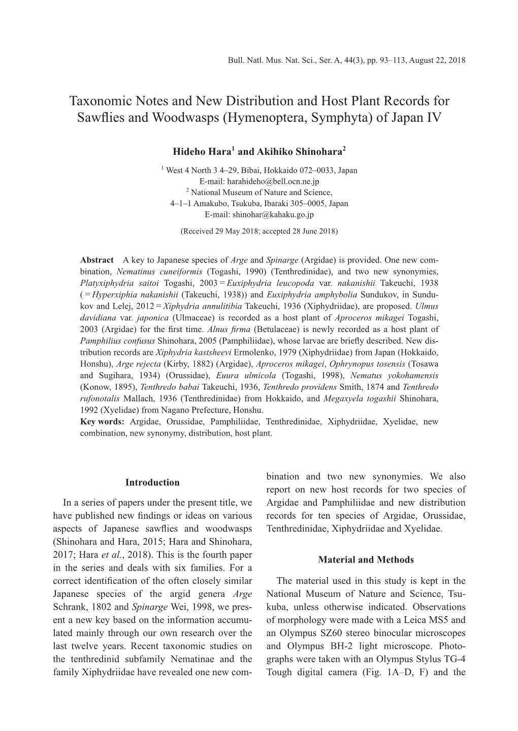 Taxonomic Notes and New Distribution and Host Plant Records for Sawflies and Woodwasps (Hymenoptera, Symphyta) of Japan IV