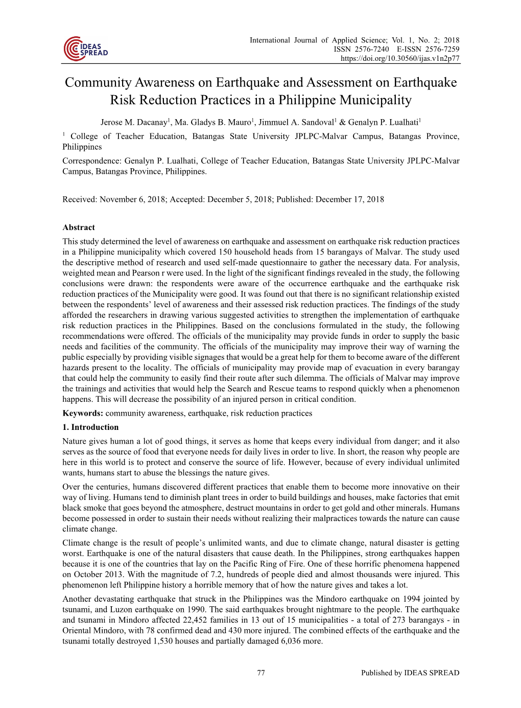 Community Awareness on Earthquake and Assessment on Earthquake Risk Reduction Practices in a Philippine Municipality