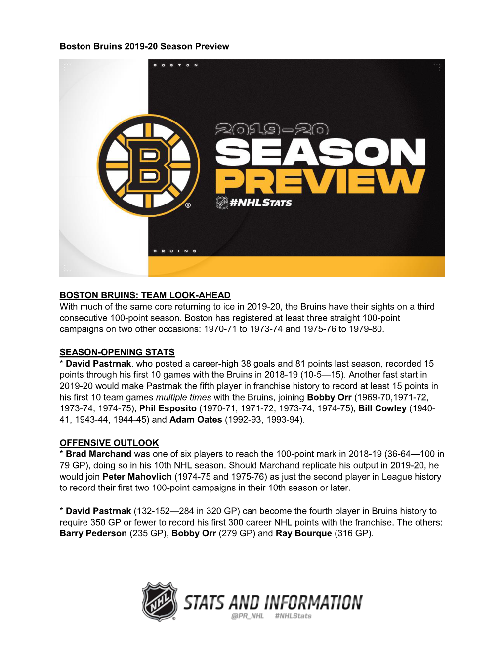 Boston Bruins 2019-20 Season Preview