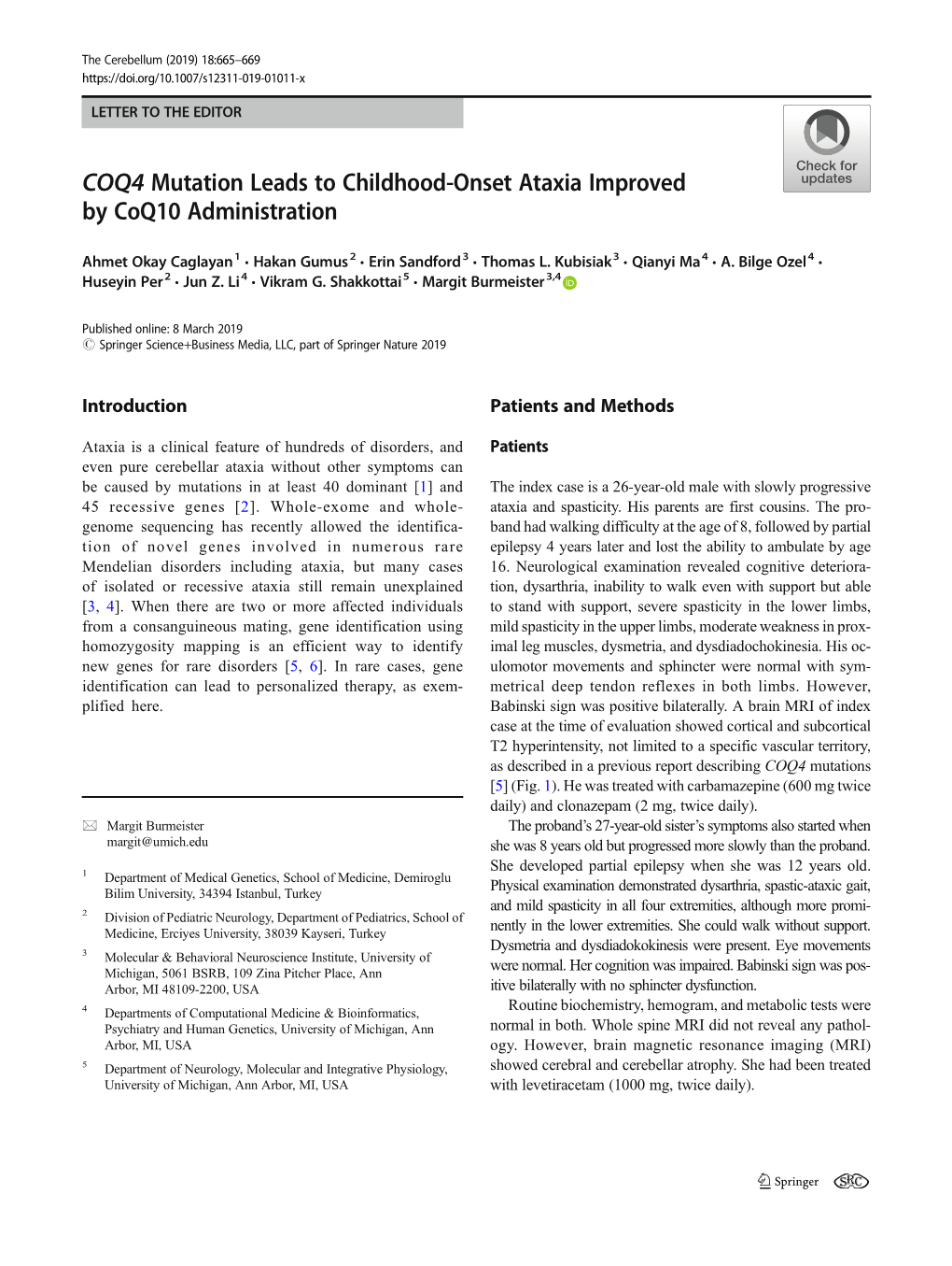 COQ4 Mutation Leads to Childhood-Onset Ataxia Improved by Coq10 Administration