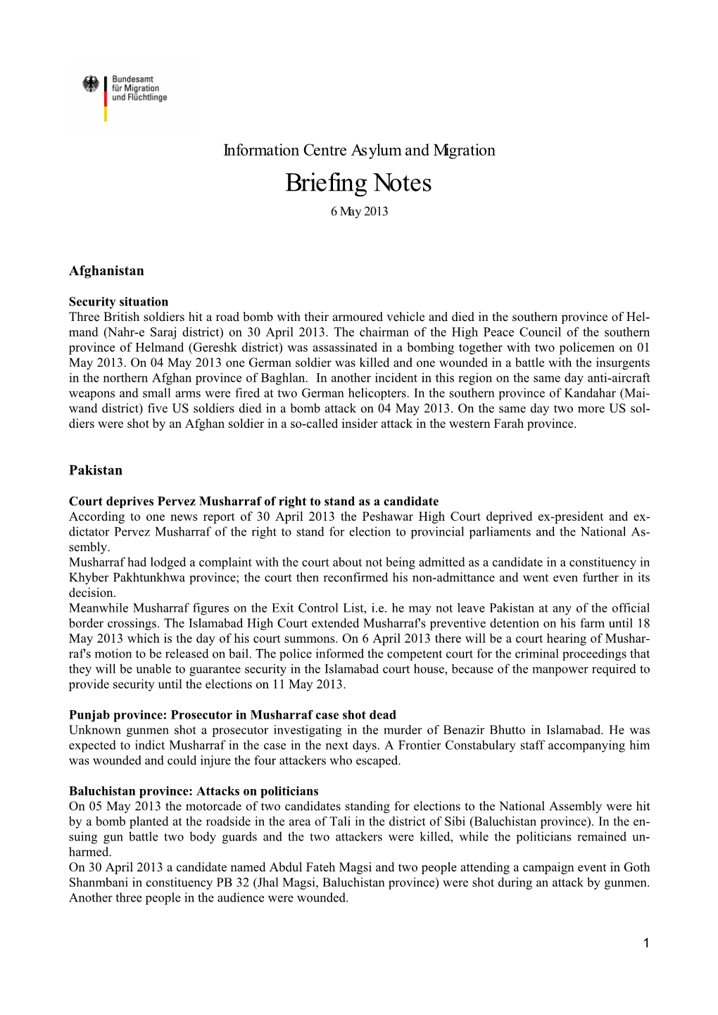Briefing Notes 6 May 2013