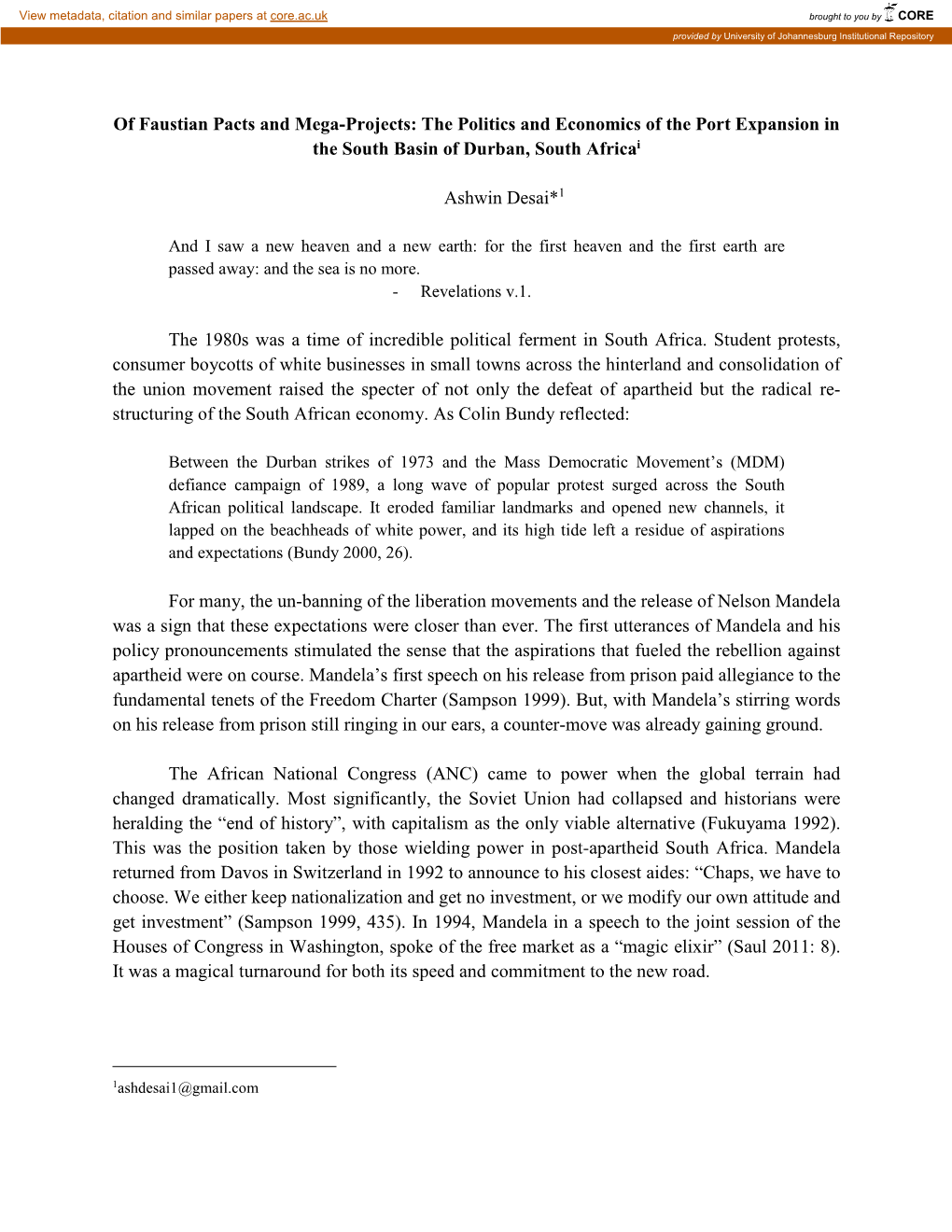 Of Faustian Pacts and Mega-Projects: the Politics and Economics of the Port Expansion in the South Basin of Durban, South Africai