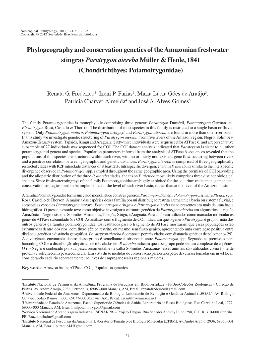 Phylogeography and Conservation Genetics of the Amazonian Freshwater Stingray Paratrygon Aiereba Müller & Henle, 1841 (Chondrichthyes: Potamotrygonidae)