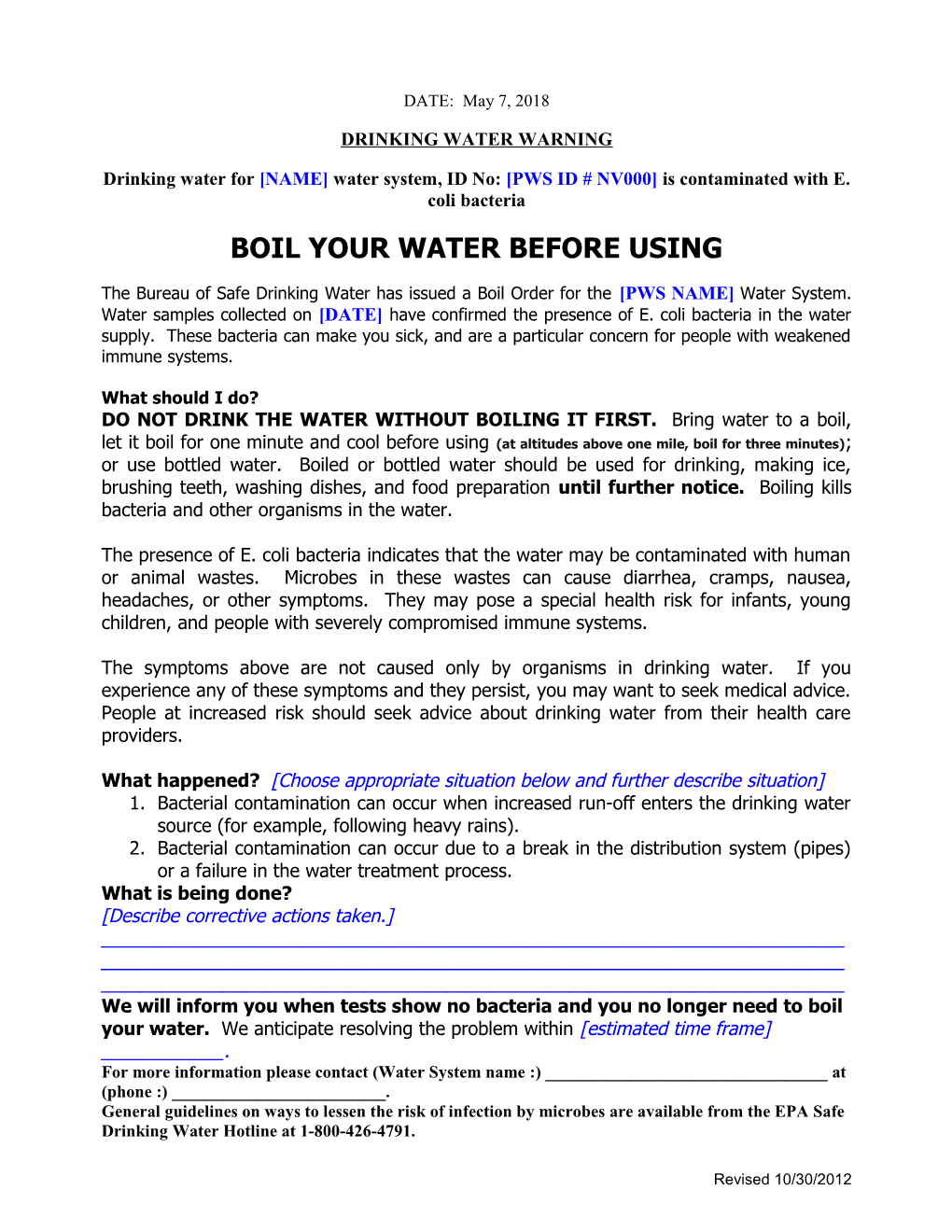 Drinking Water for NAME Water System, ID No: PWS ID # NV000 Is Contaminated with E. Coli