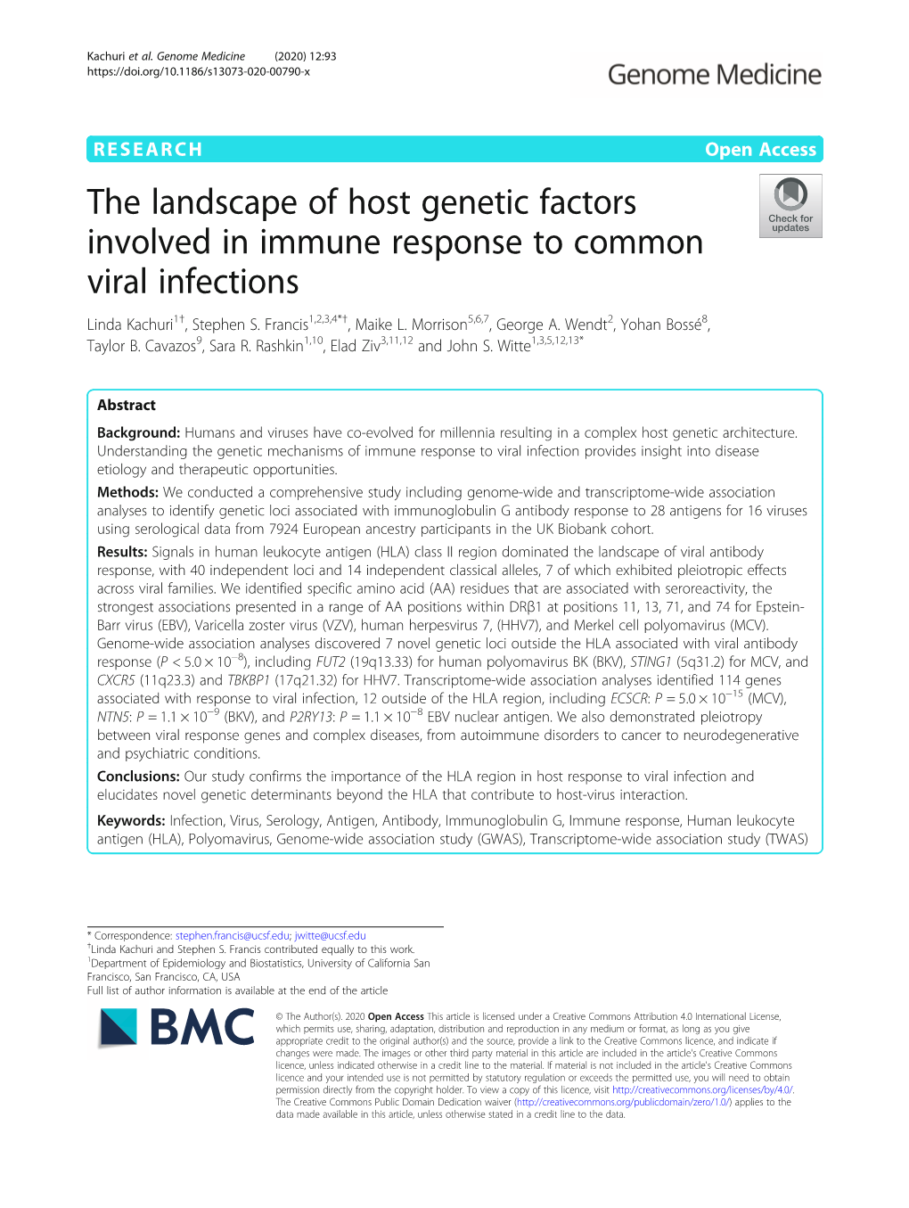 The Landscape of Host Genetic Factors Involved in Immune Response to Common Viral Infections Linda Kachuri1†, Stephen S