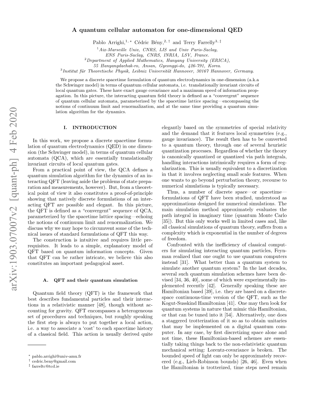 A Quantum Cellular Automaton for One-Dimensional QED