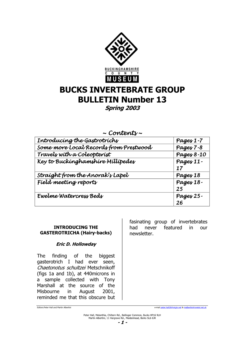 BUCKS INVERTEBRATE GROUP BULLETIN Number 13 Spring 2003