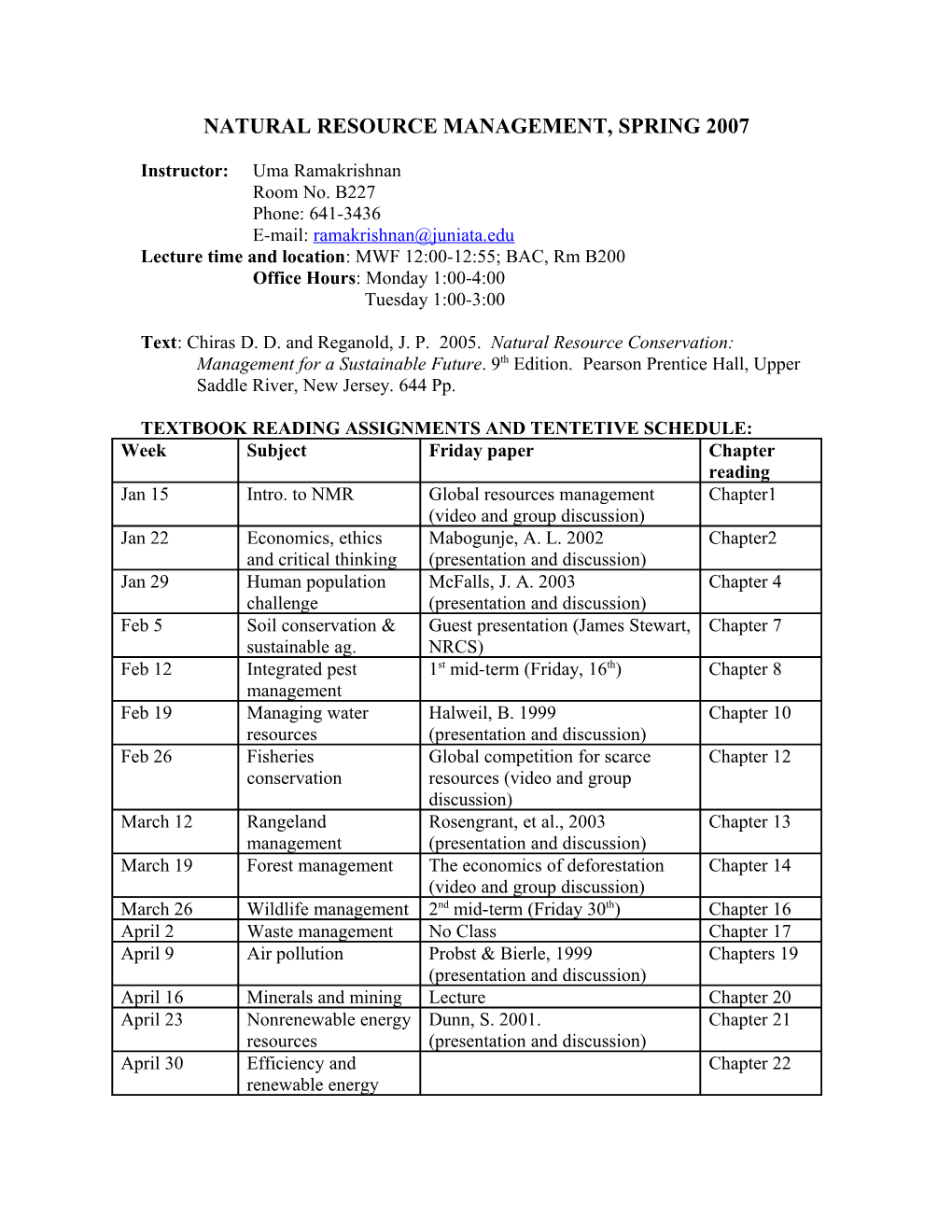 Natural Resource Management, Spring 2007