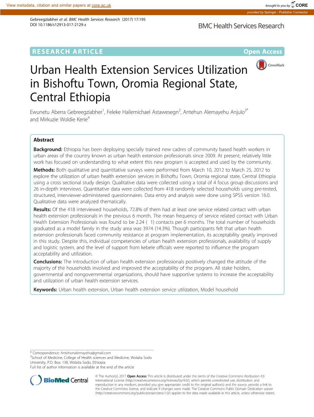 Urban Health Extension Services Utilization in Bishoftu Town, Oromia Regional State, Central Ethiopia