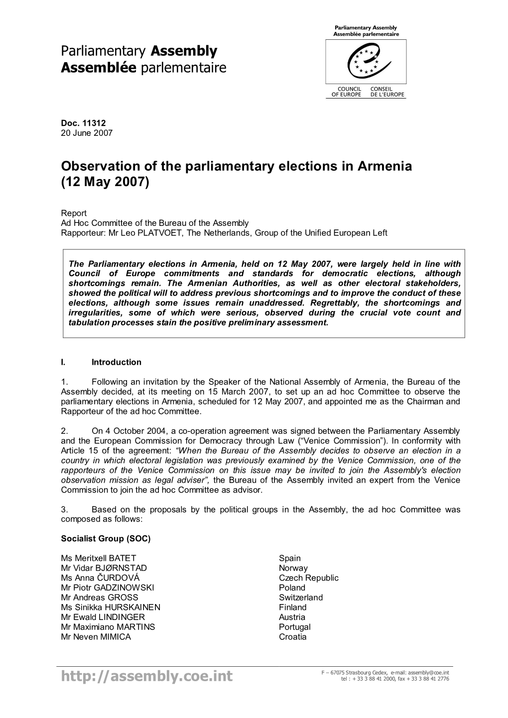 Observation of the Parliamentary Elections in Armenia (12 May 2007)