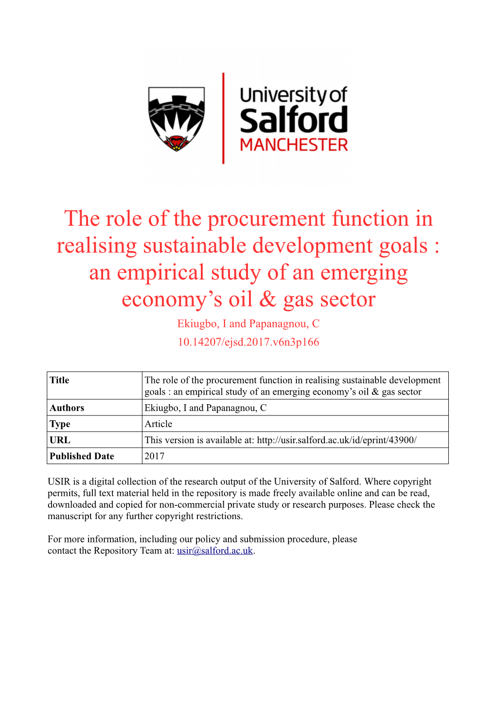 The Role of the Procurement Function in Realising Sustainable Development