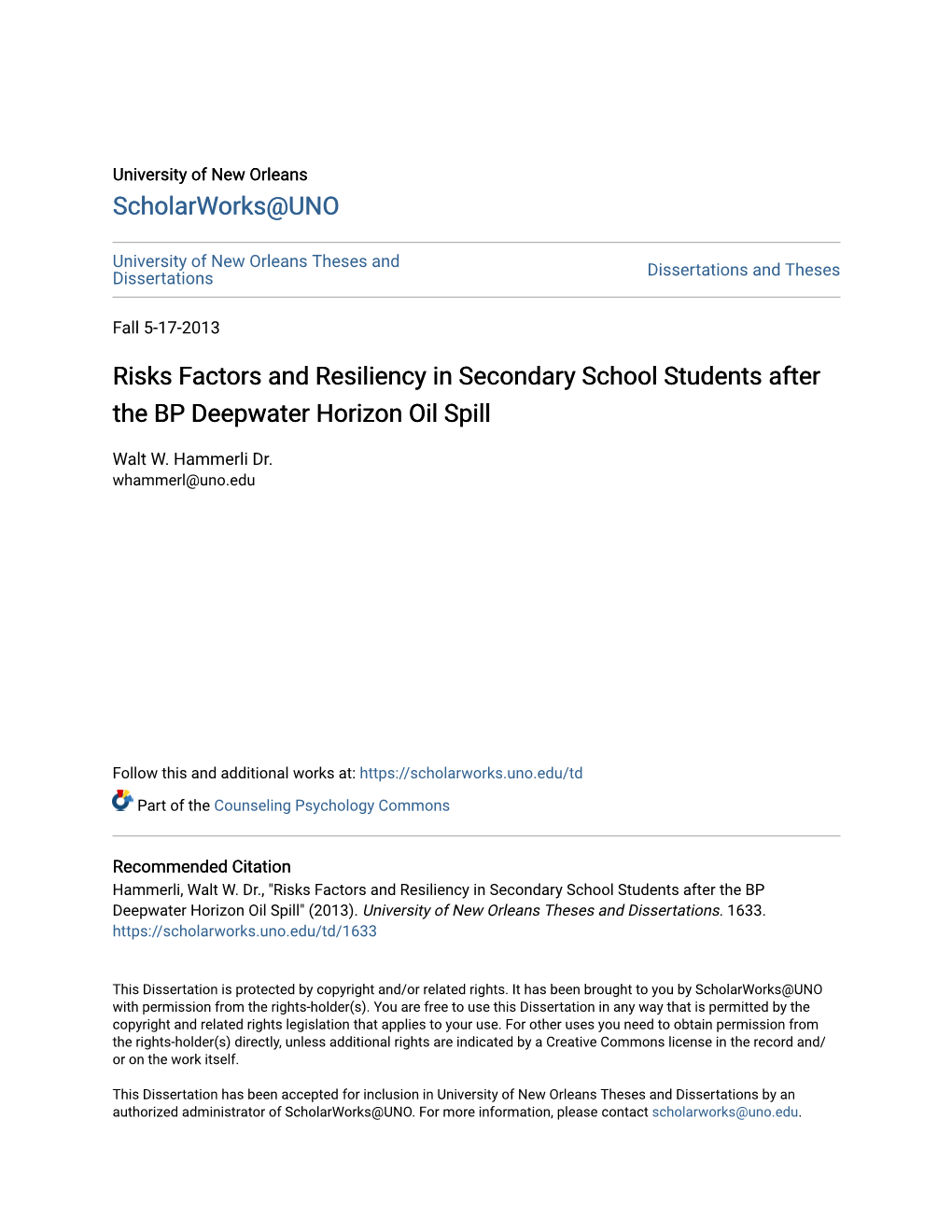 Risks Factors and Resiliency in Secondary School Students After the BP Deepwater Horizon Oil Spill