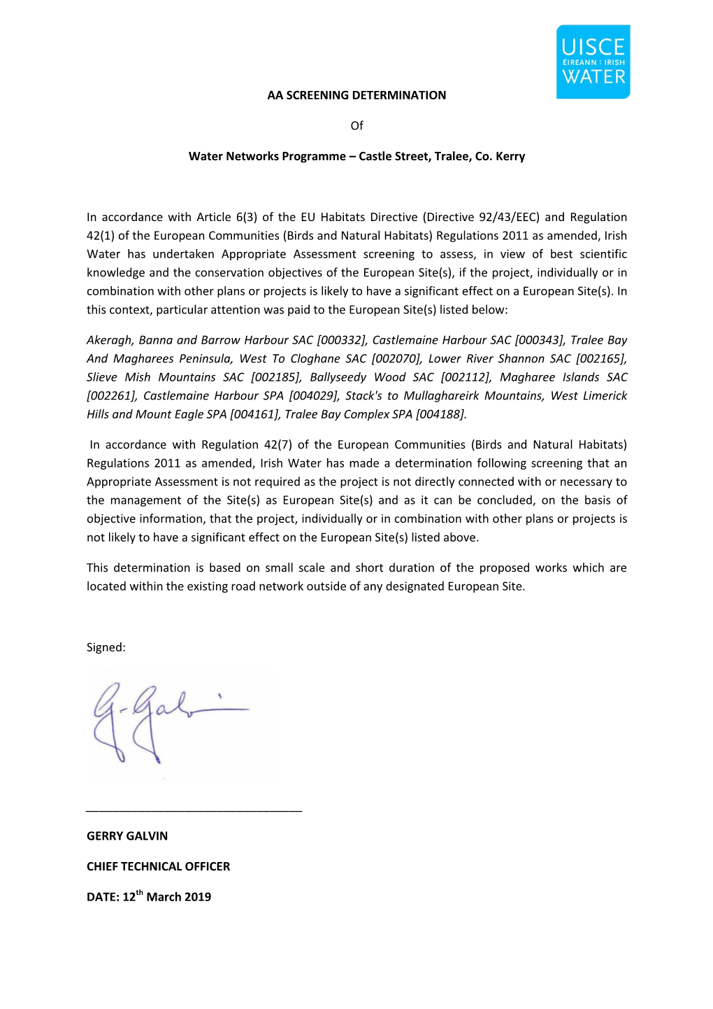 AA SCREENING DETERMINATION of Water Networks Programme