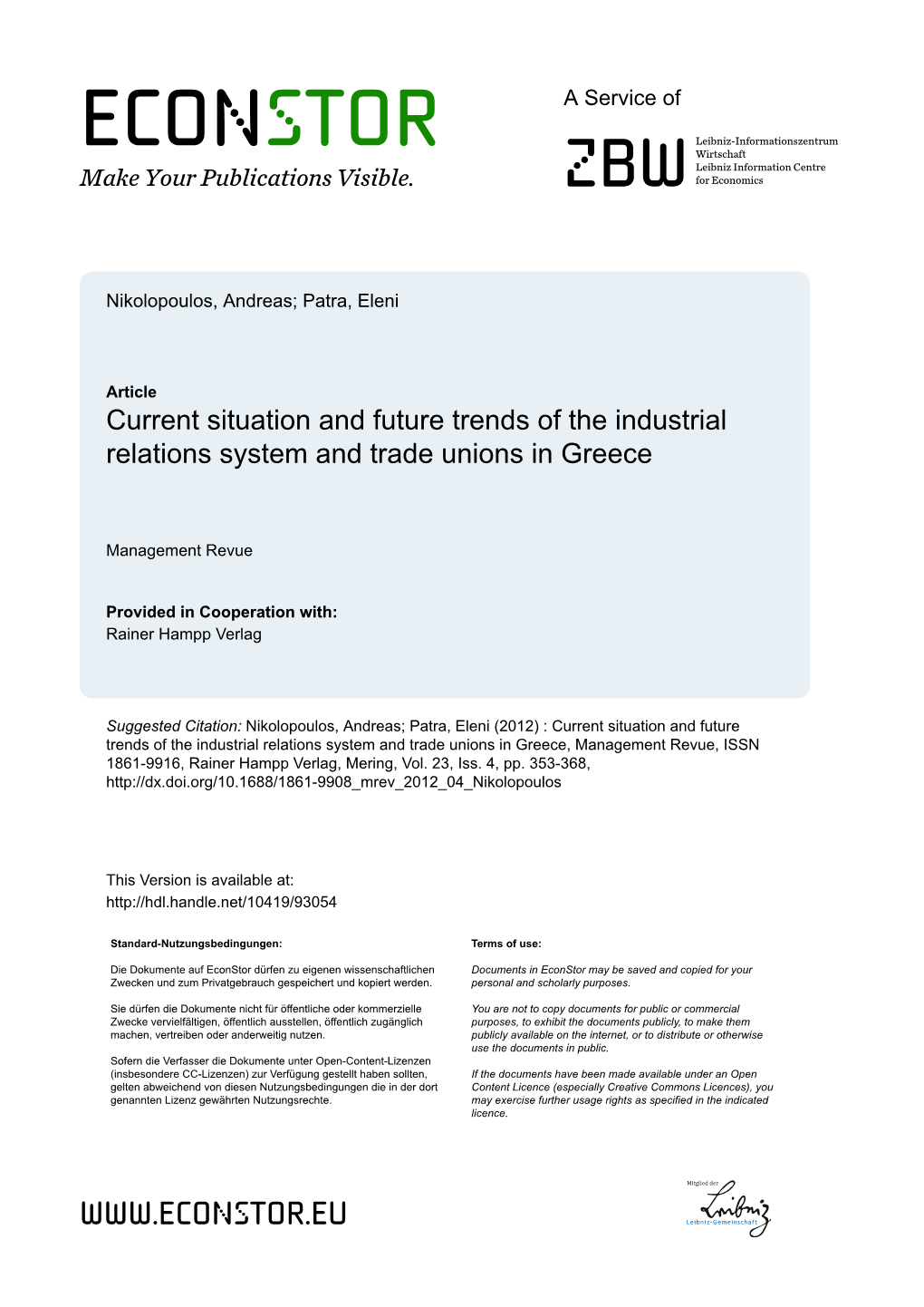 Current Situation and Future Trends of the Industrial Relations System and Trade Unions in Greece