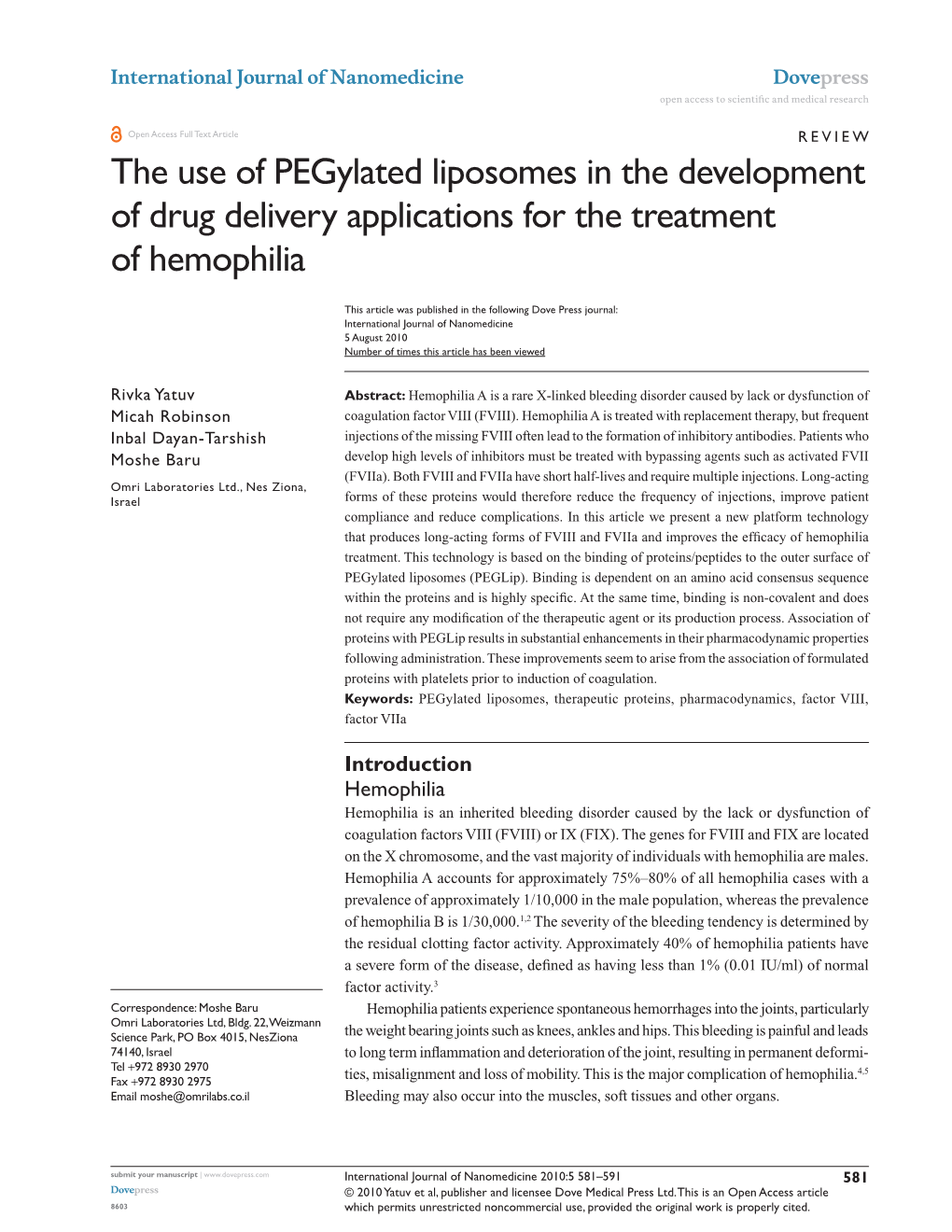 The Use of Pegylated Liposomes in the Development of Drug Delivery Applications for the Treatment of Hemophilia