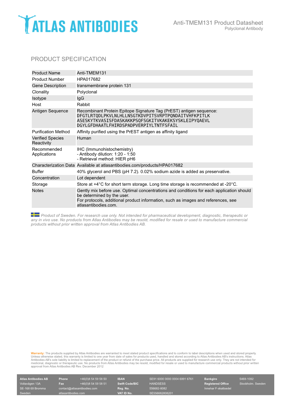 PRODUCT SPECIFICATION Anti-TMEM131