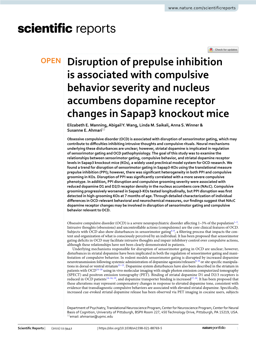 Disruption of Prepulse Inhibition Is Associated with Compulsive Behavior Severity and Nucleus Accumbens Dopamine Receptor Changes in Sapap3 Knockout Mice Elizabeth E