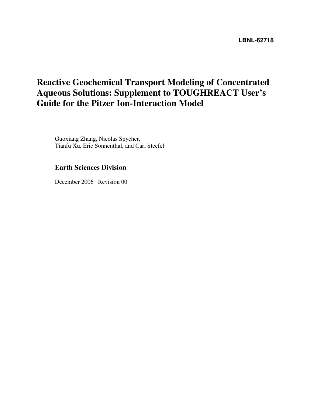 Supplement to TOUGHREACT User's Guide for the Pitzer Ion-Interaction Model