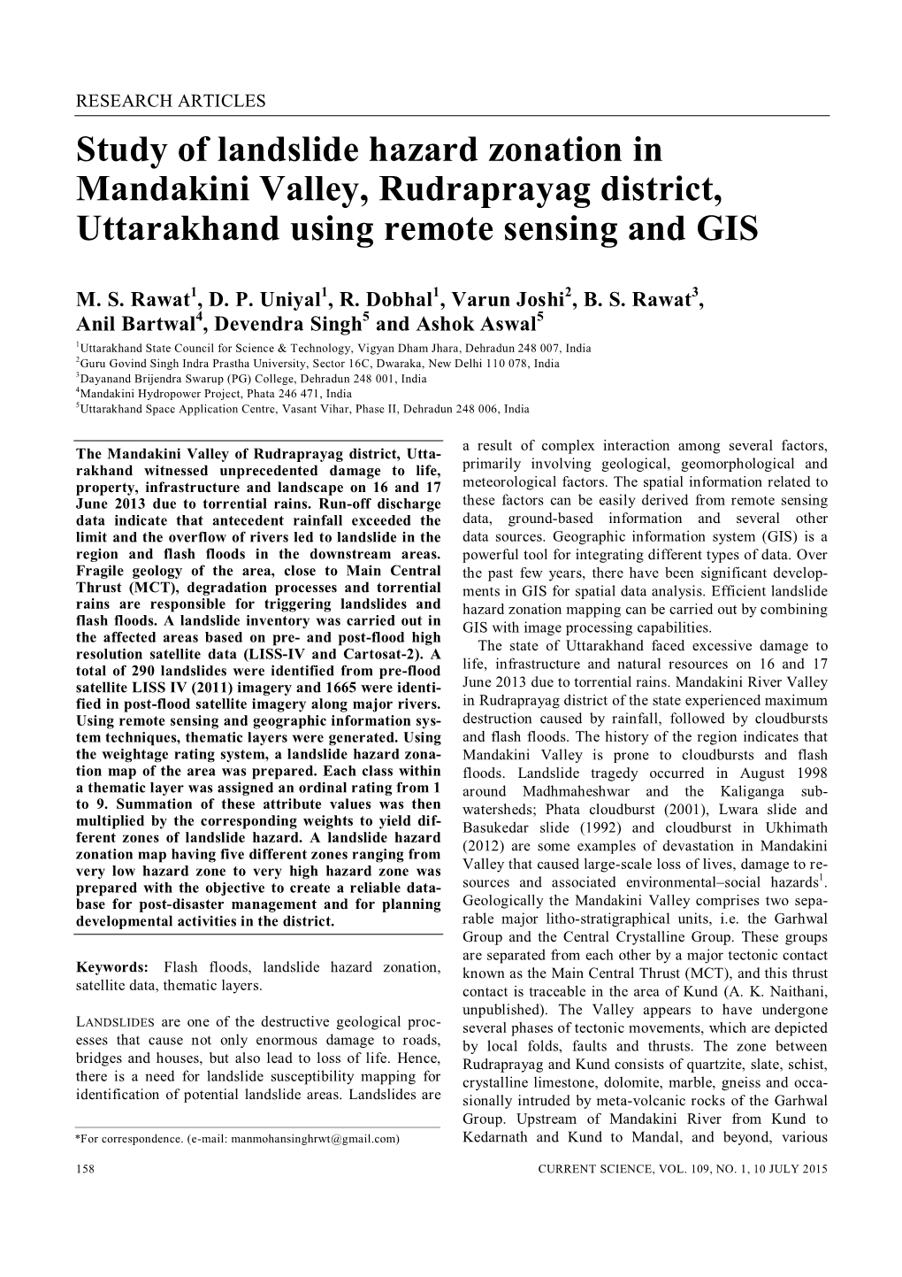 Study of Landslide Hazard Zonation in Mandakini Valley, Rudraprayag District, Uttarakhand Using Remote Sensing and GIS