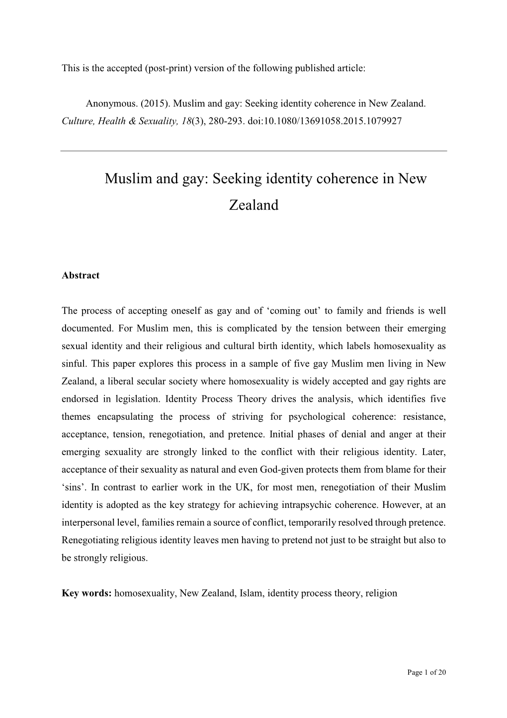 Muslim and Gay: Seeking Identity Coherence in New Zealand