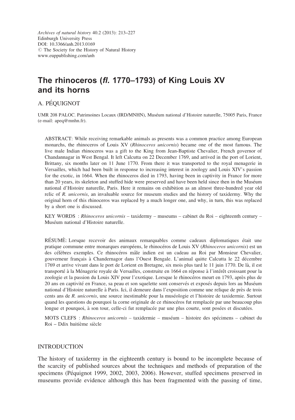 The Rhinoceros (&lt;Italic&gt;Fl.&lt;/Italic&gt; 17701793) of King Louis XV and Its