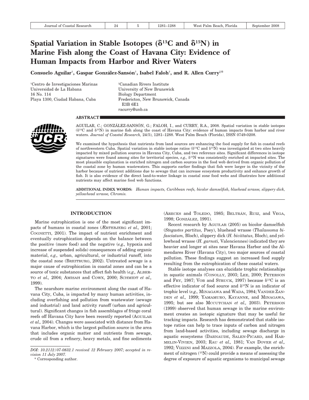 Spatial Variation in Stable Isotopes ( 13C and 15N) in Marine Fish Along