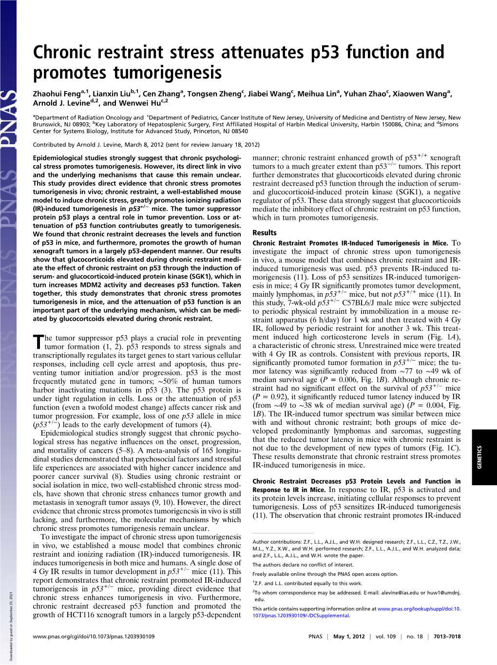 Chronic Restraint Stress Attenuates P53 Function and Promotes Tumorigenesis