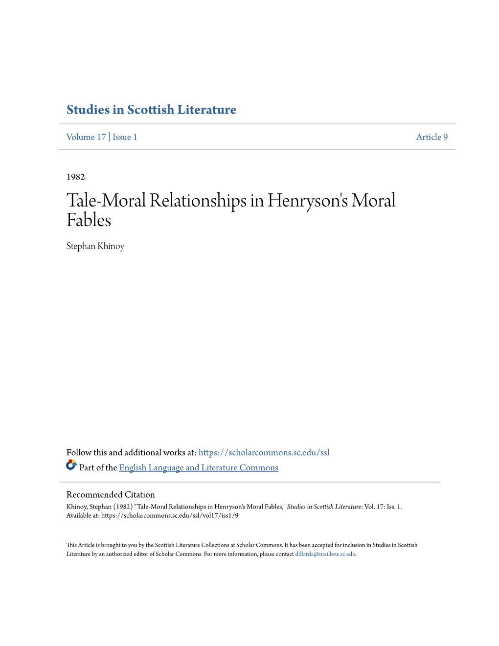 Tale-Moral Relationships in Henryson's Moral Fables Stephan Khinoy