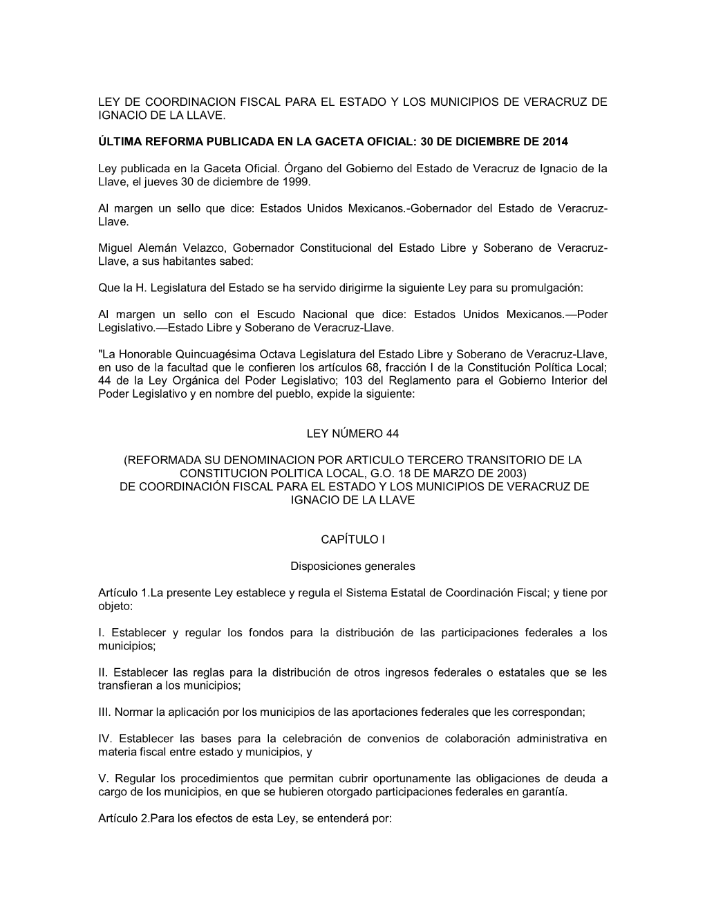 Ley De Coordinacion Fiscal Para El Estado Y Los Municipios De Veracruz De Ignacio De La Llave