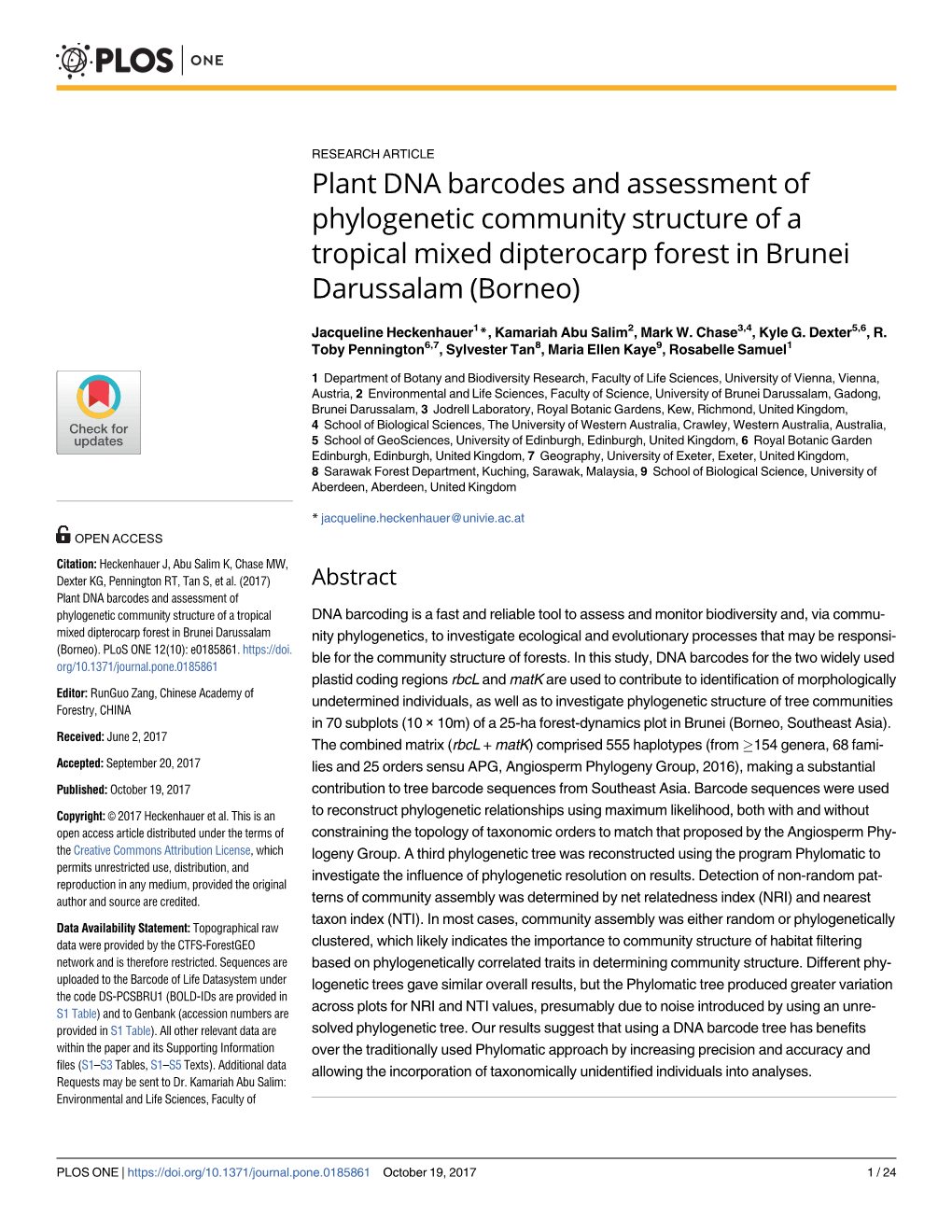 Plant DNA Barcodes and Assessment of Phylogenetic Community Structure of a Tropical Mixed Dipterocarp Forest in Brunei Darussalam (Borneo)