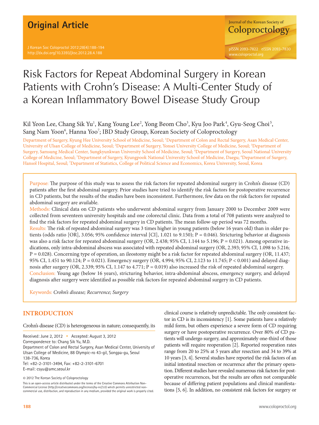 Risk Factors for Repeat Abdominal Surgery in Korean Patients with Crohn's Disease: a Multi-Center Study of a Korean Inflammatory Bowel Disease Study Group