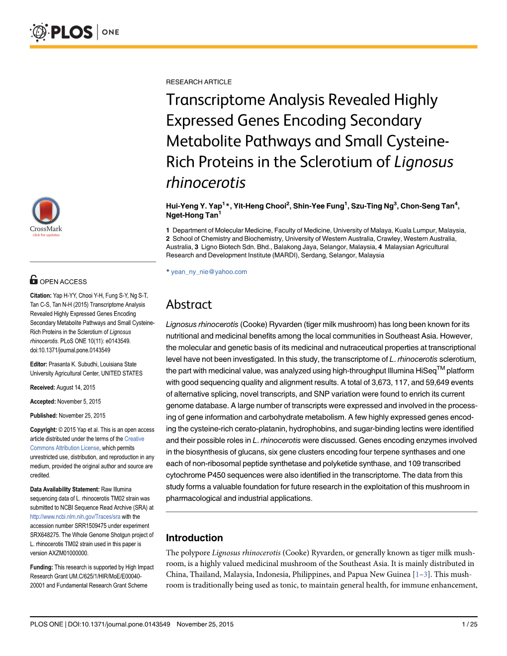 Transcriptome Analysis Revealed Highly Expressed Genes Encoding Secondary Metabolite Pathways and Small Cysteine-Rich Proteins I