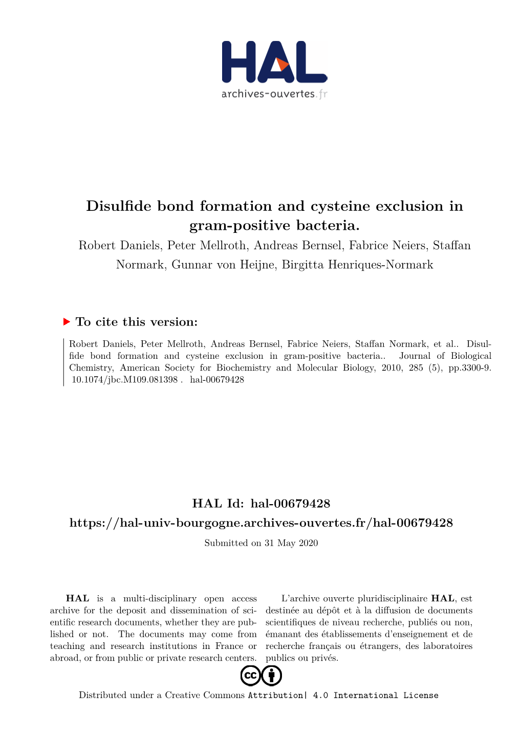 Disulfide Bond Formation and Cysteine Exclusion in Gram-Positive Bacteria