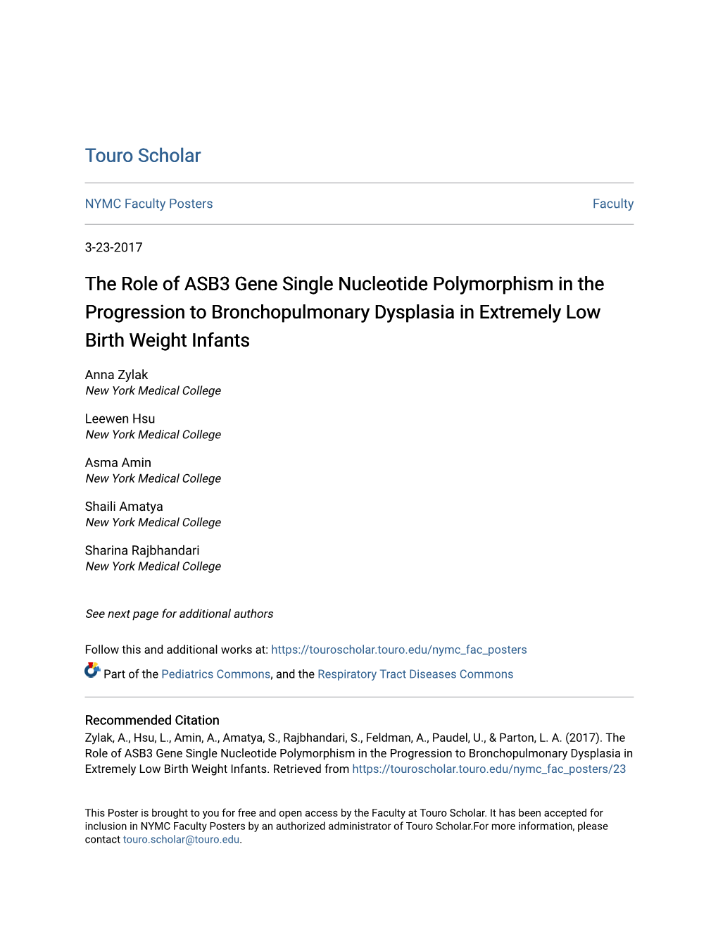 The Role of ASB3 Gene Single Nucleotide Polymorphism in the Progression to Bronchopulmonary Dysplasia in Extremely Low Birth Weight Infants