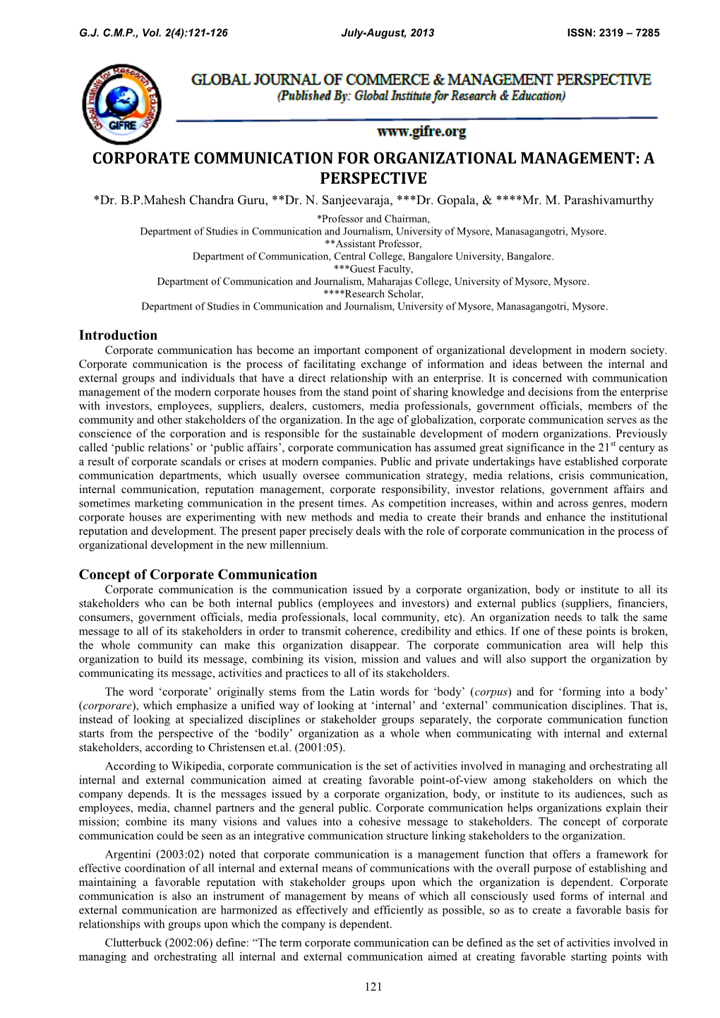 CORPORATE COMMUNICATION for ORGANIZATIONAL MANAGEMENT: a PERSPECTIVE *Dr