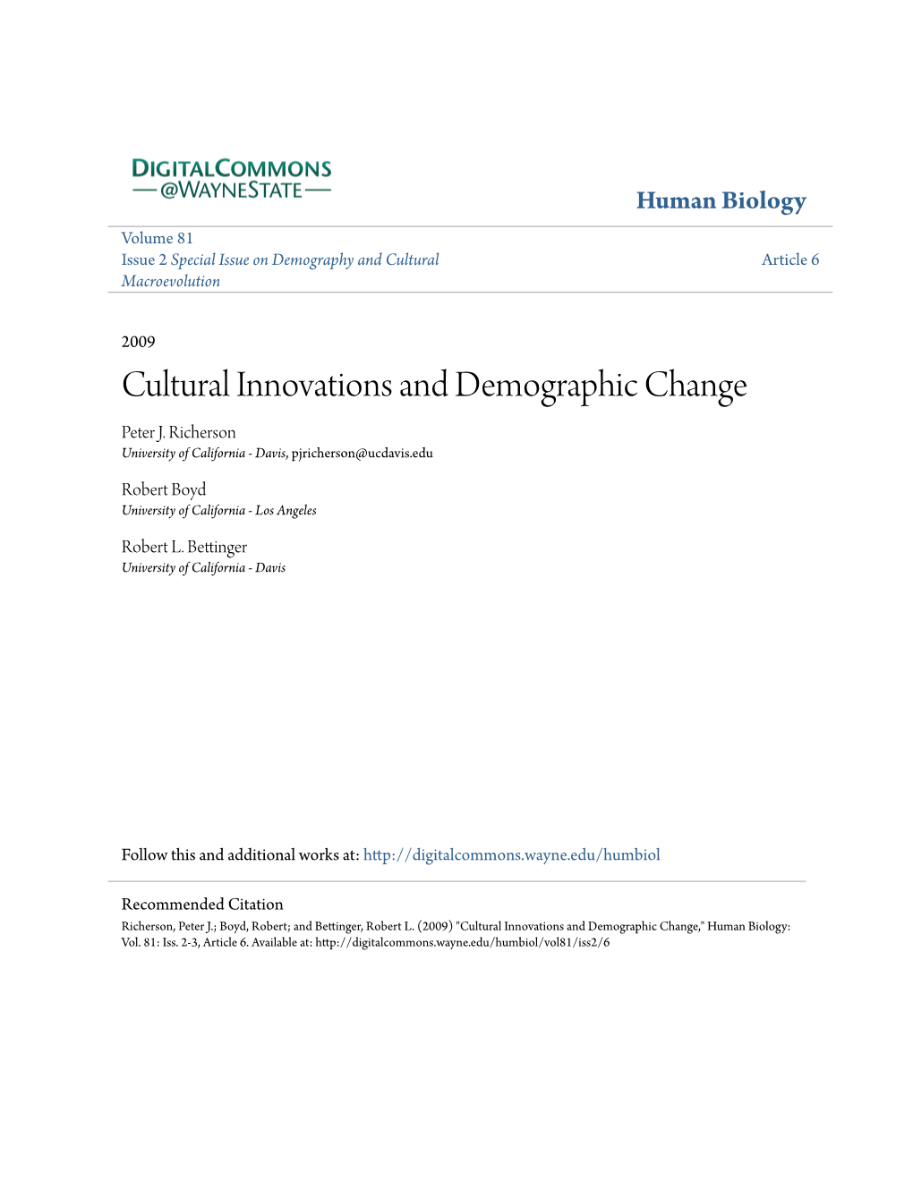 Cultural Innovations and Demographic Change Peter J