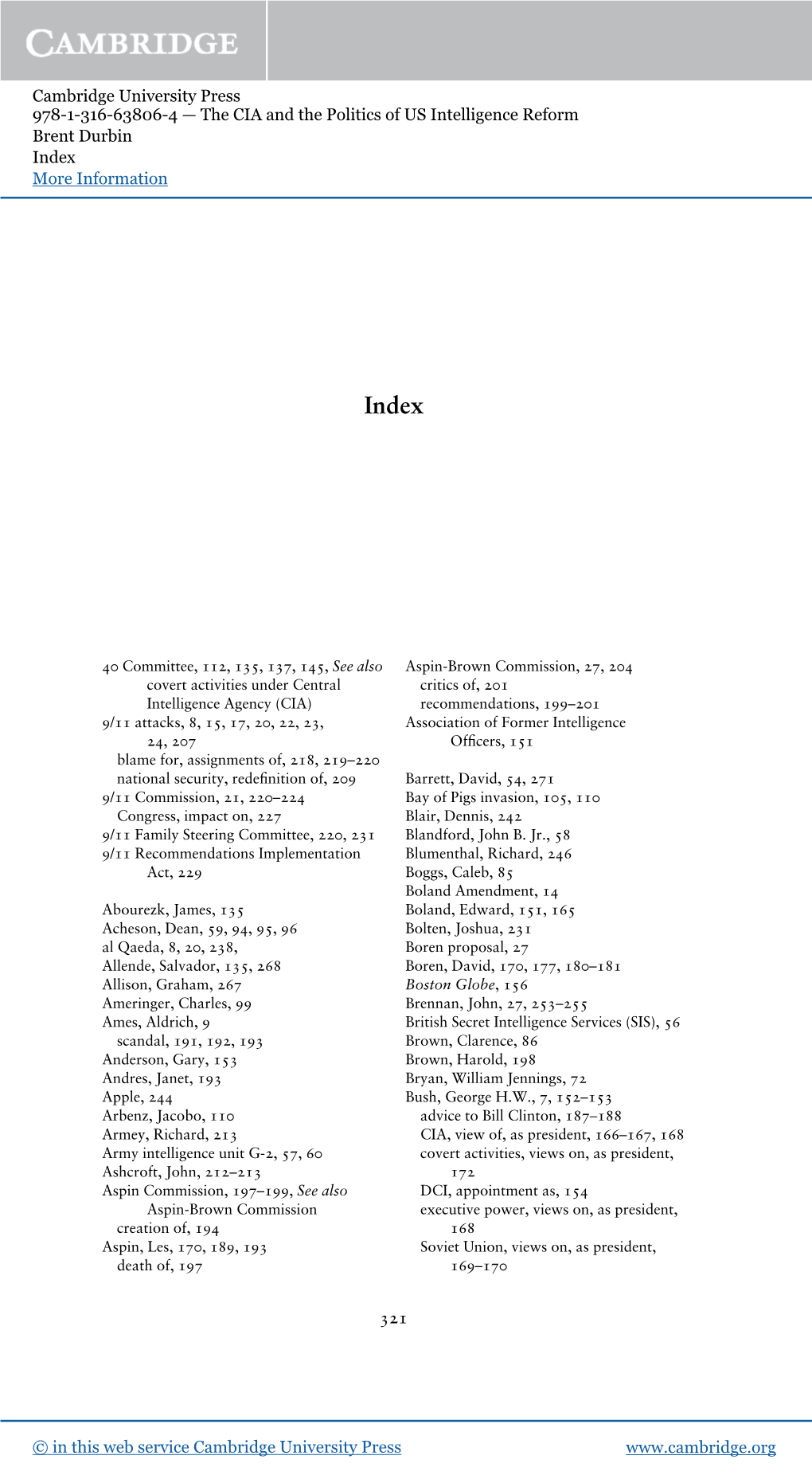 Cambridge University Press 978-1-316-63806-4 — the CIA and the Politics of US Intelligence Reform Brent Durbin Index More Information