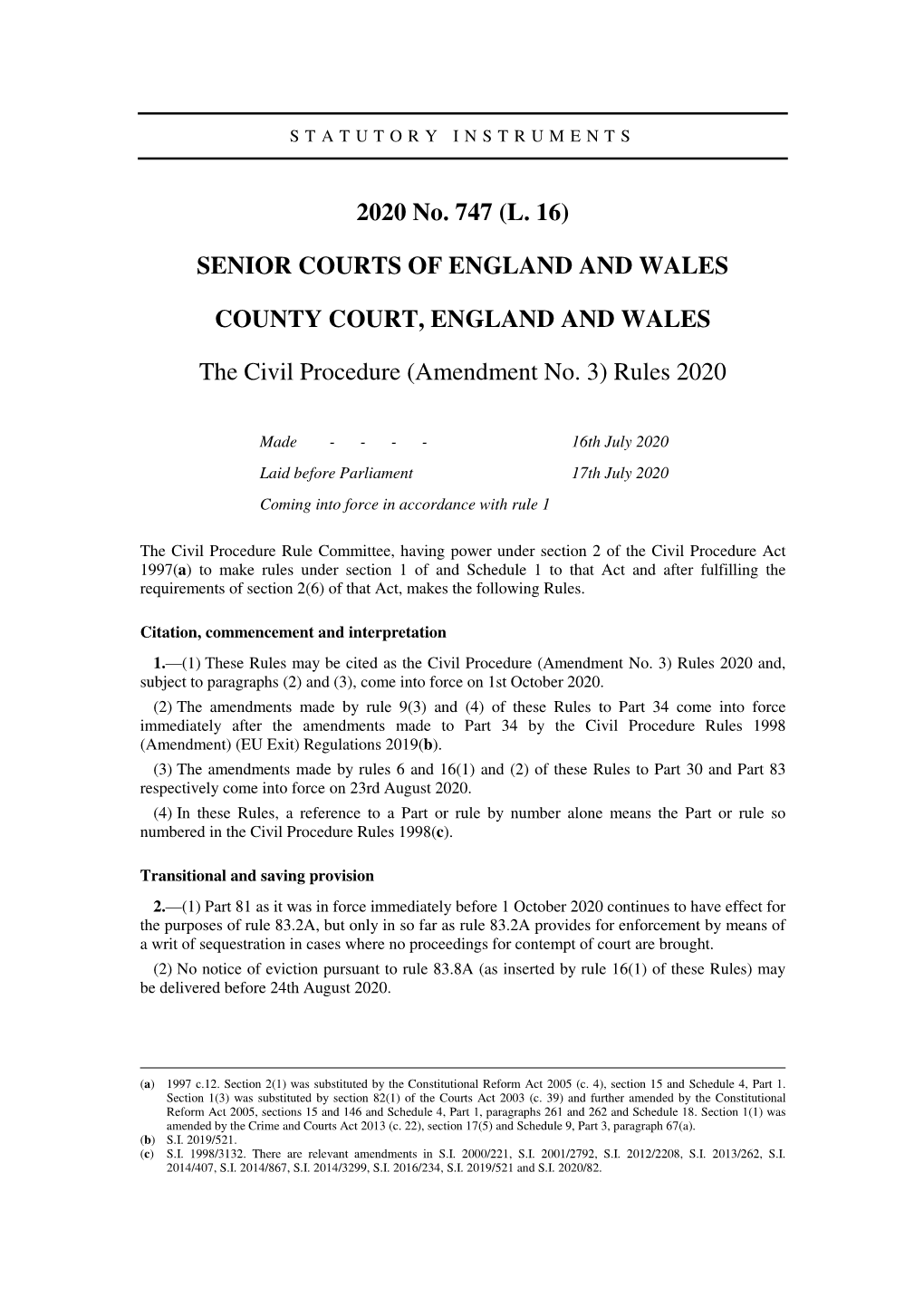 The Civil Procedure (Amendment No. 3) Rules 2020