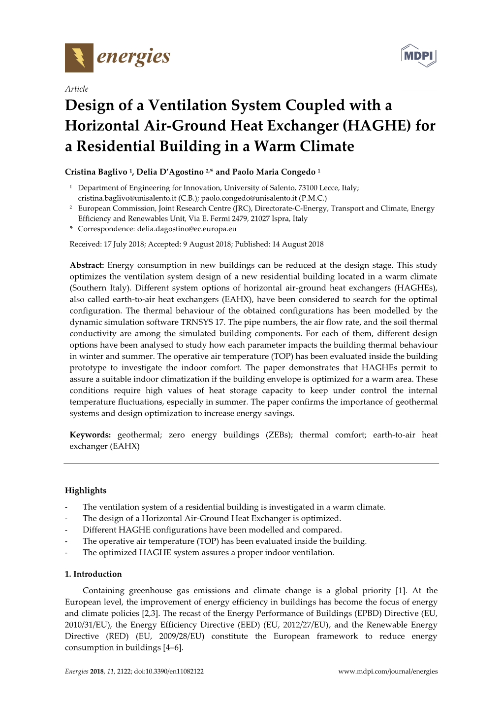 Design of a Ventilation System Coupled with a Horizontal Air-Ground Heat Exchanger (HAGHE) for a Residential Building in a Warm Climate