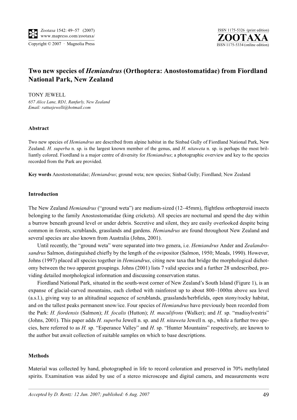 Zootaxa,Two New Species of Hemiandrus (Orthoptera