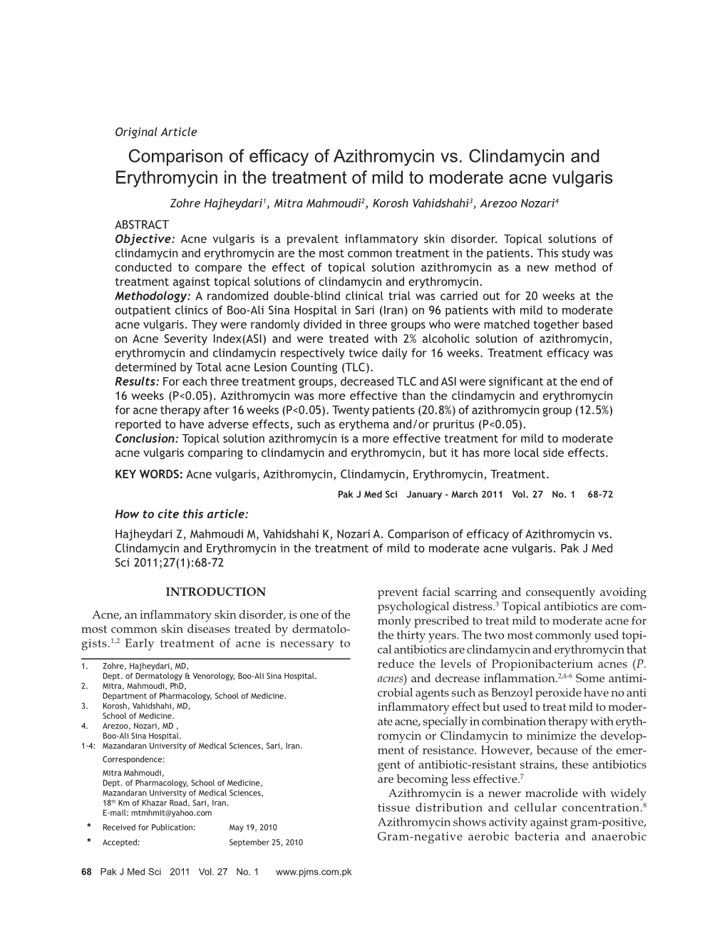 Comparison of Efficacy of Azithromycin Vs. Clindamycin And