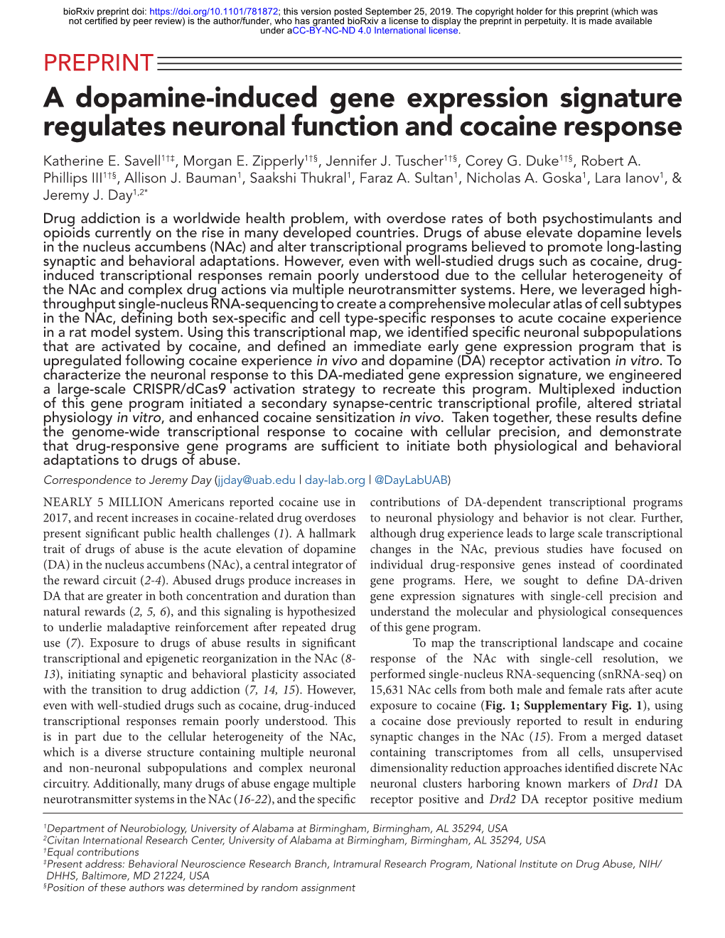 A Dopamine-Induced Gene Expression Signature Regulates Neuronal Function and Cocaine Response Katherine E