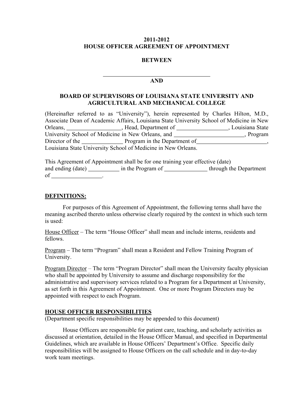 House Officer Agreement of Appointment